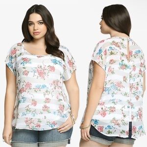 Torrid Striped Floral Sheer‎ Button Back Top Women's 1X #10285633